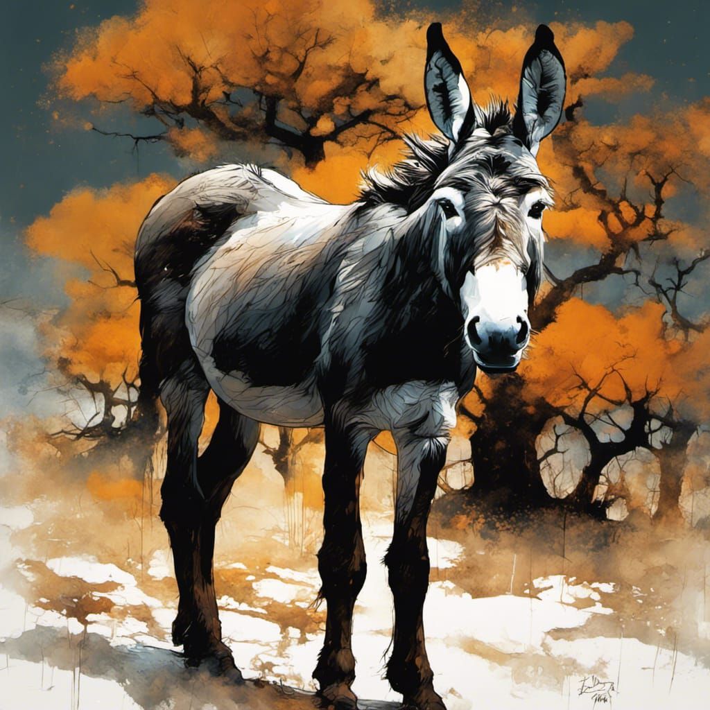 Donkey in Witchy Woodland: Cinematic Canvas Painting
