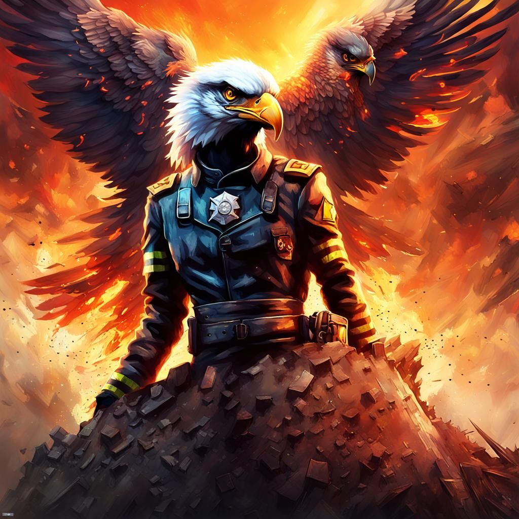 Firefighter in Post-Apocalyptic City with Eagle Soaring Abov...
