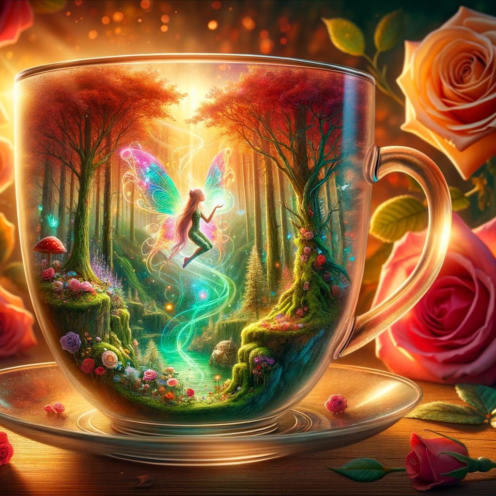 A glass teacup filled with magical forest. Little glimmering fairy swirling with colorful liquid light. Background was w...