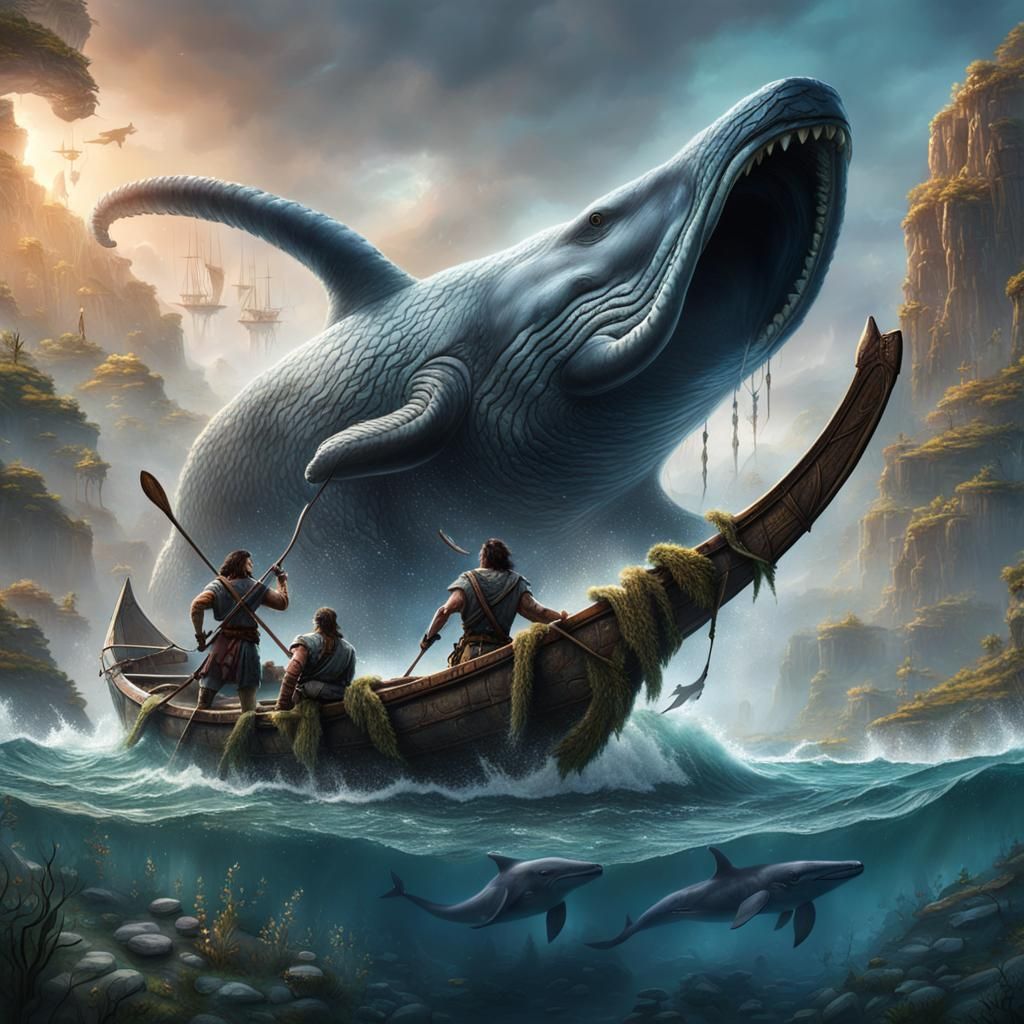 Stone Age Hunter's Whale Serpent Battle, Detailed Matte Pain...