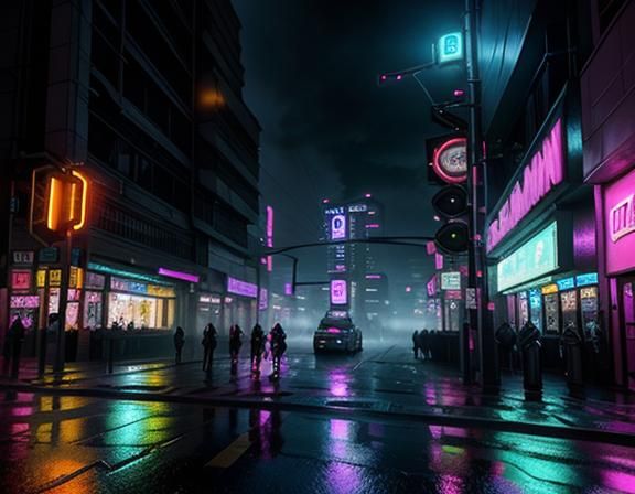 Cyberpunk Elf in Rainy Cityscape, Digital Art