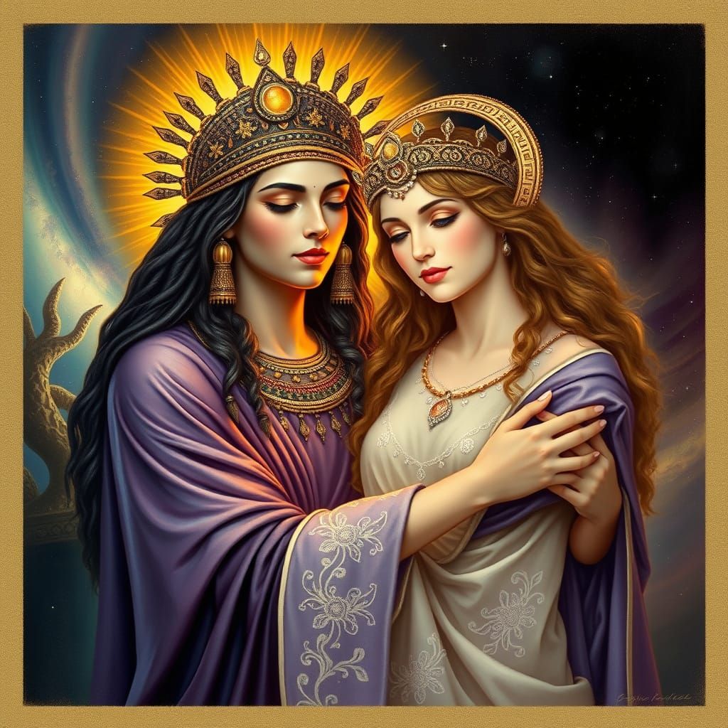 Sumerian Goddess Inanna Embracing Greek Artemis in Celestial...