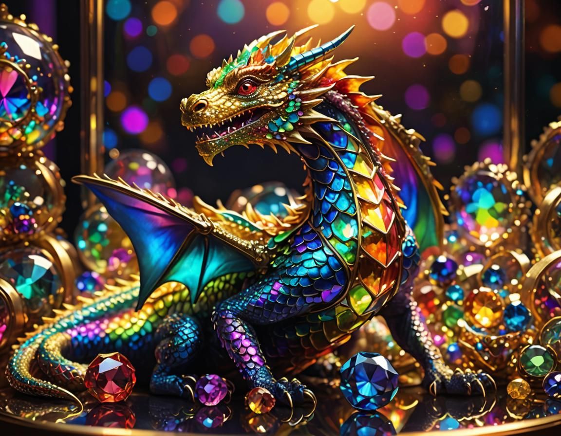 Rainbow Dragon with Glowing Jewels, Digital Art