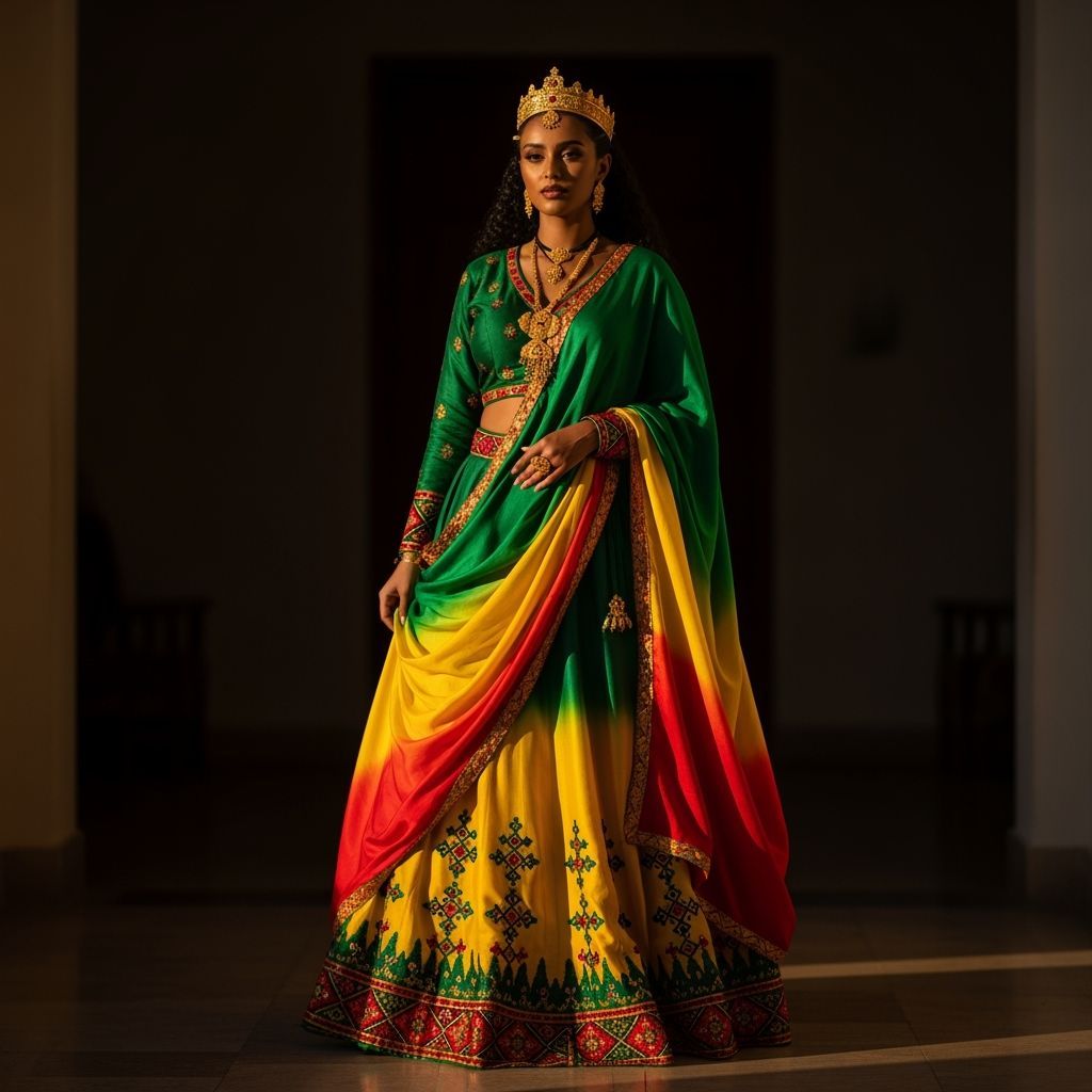 Ethiopian Woman in Flag-Colored Lehenga with Gold Jewelry