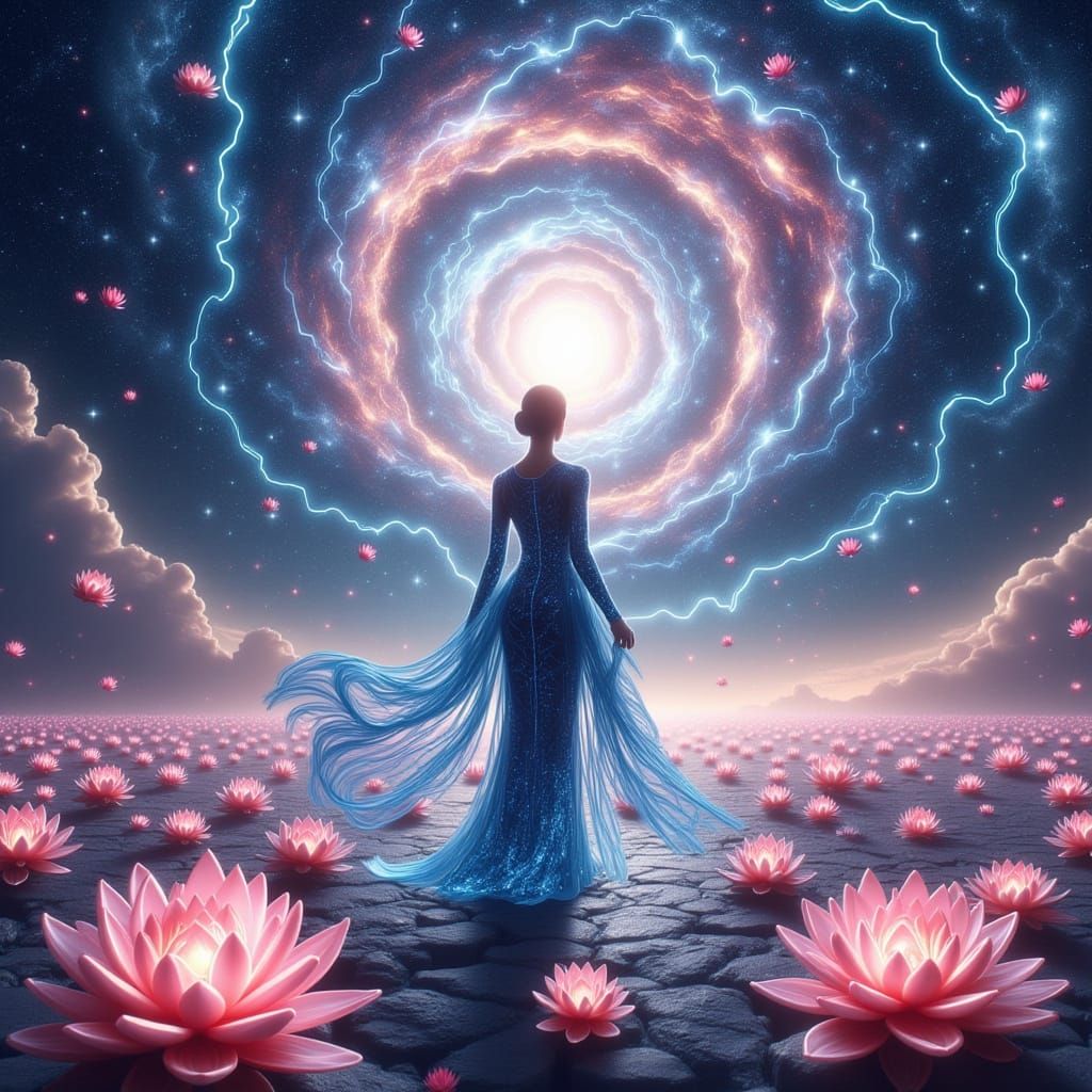 Cosmic Goddess Amidst Vibrant Lotus Bloom