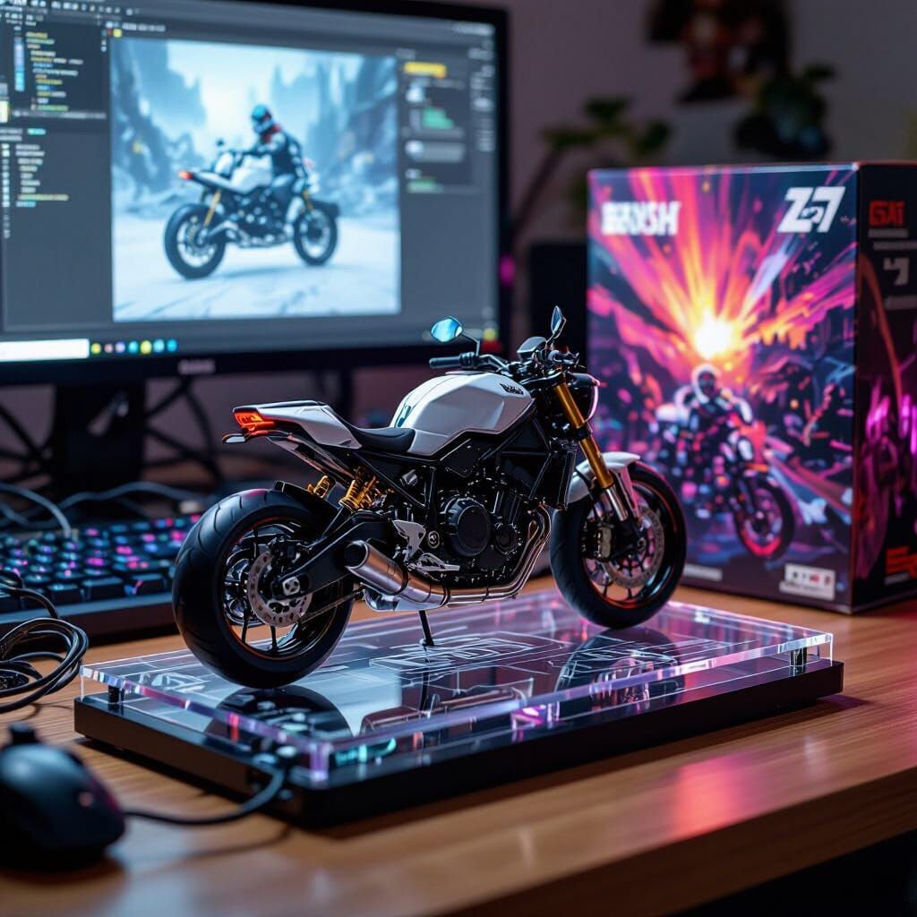 Realistic Motorcycle Figure on Cluttered Desk