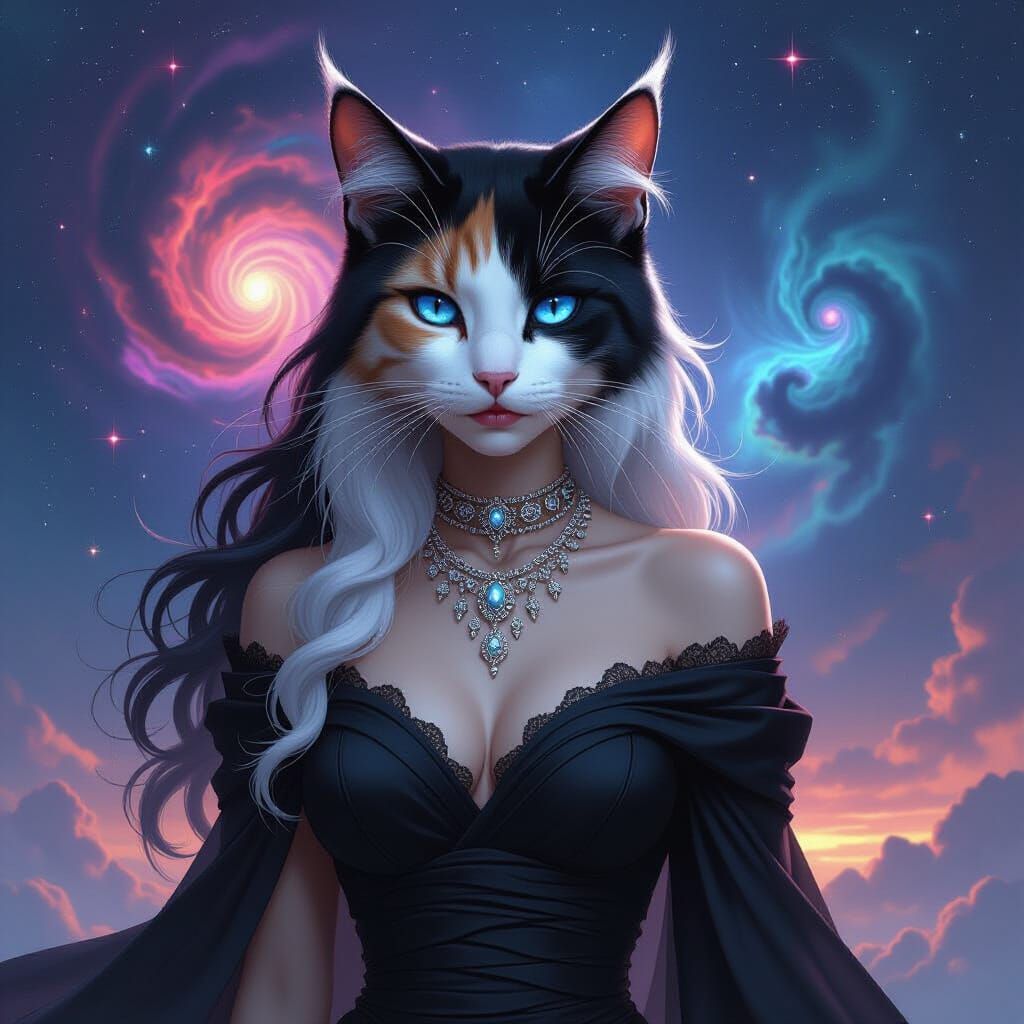 Calico Feline Goddess in Cosmic Dark Fantasy Style