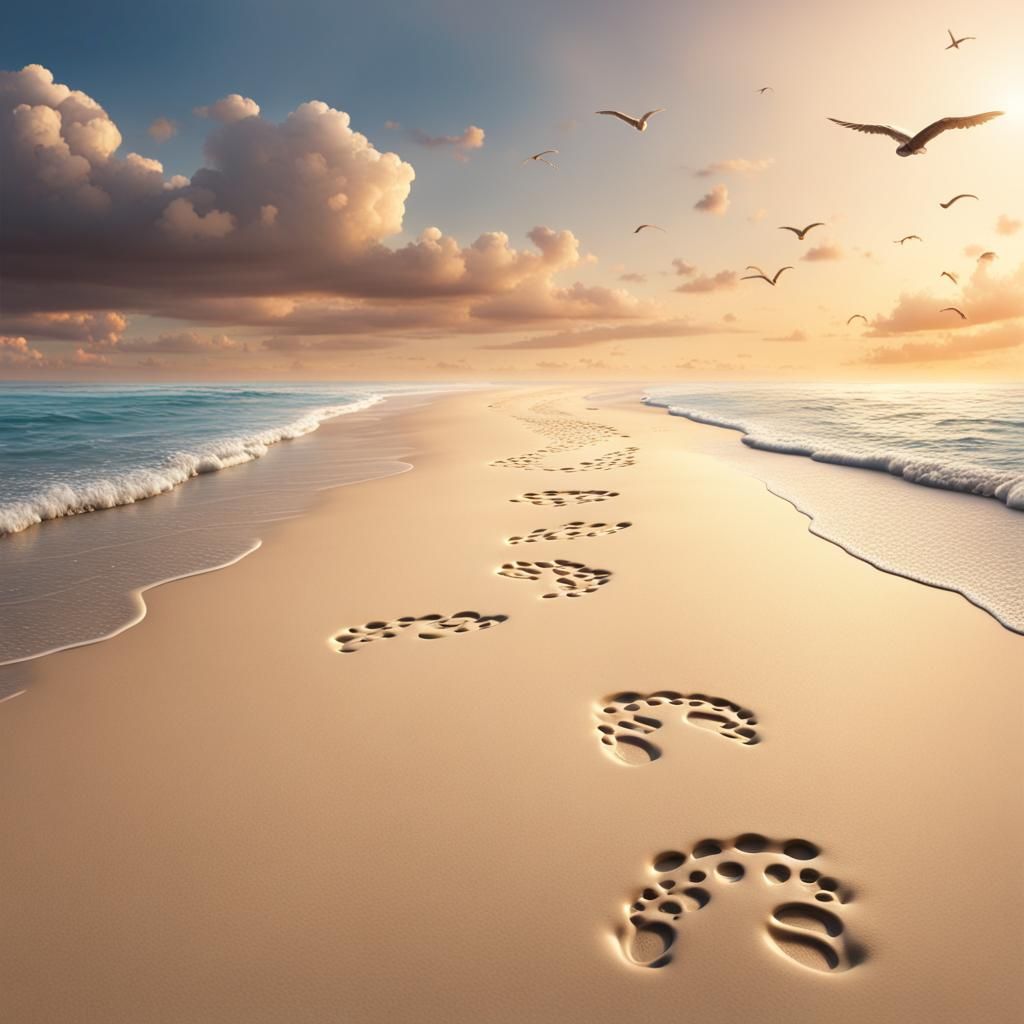 A beach scene with footprints in the sand, varying in size from small to large to represent different ages. The backgrou...