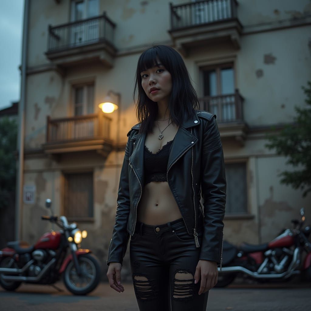 Asian American Biker Woman Near Tenement at Dusk