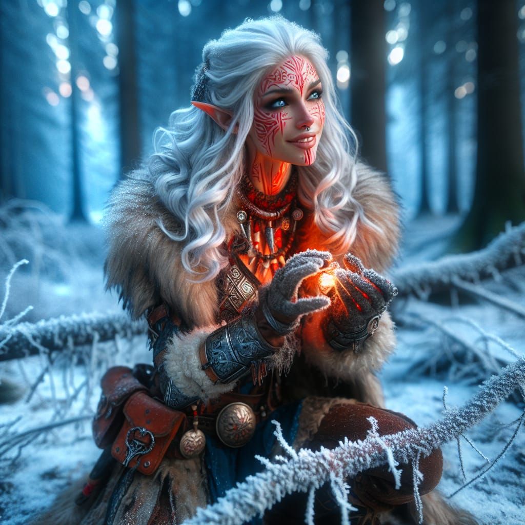 Fierce Elven Scout Finds Joy in Frosty Forest