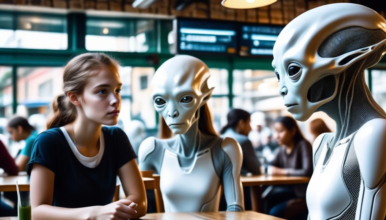 Girl Meets Organic Mesh Aliens in Cafe Photo