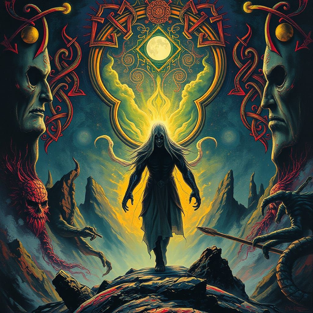 Eerie Entity in Fluorescent Impasto Heavy Metal Art