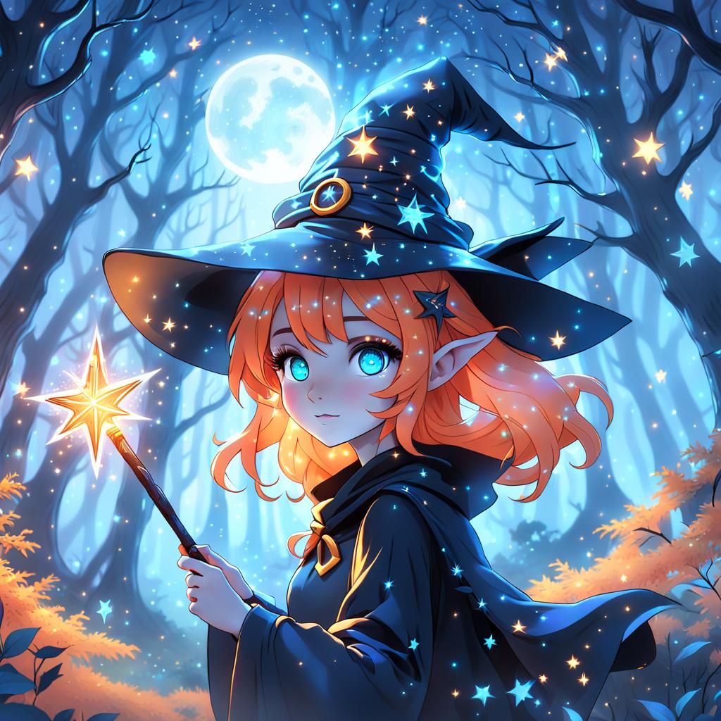 Anime Witch in Mystical Forest, Fantasy Concept Art