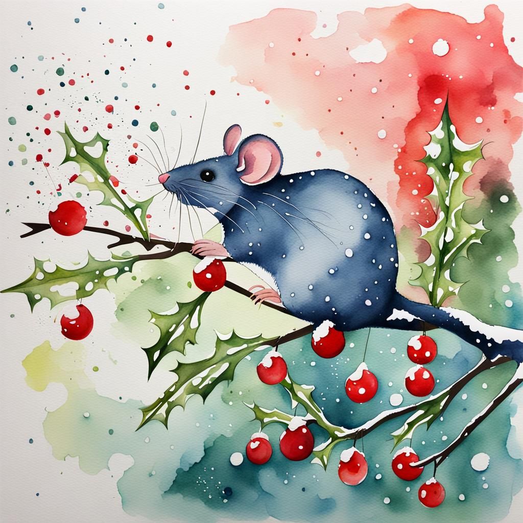 Snowy Mouse and Mistletoe Watercolor Splat Art