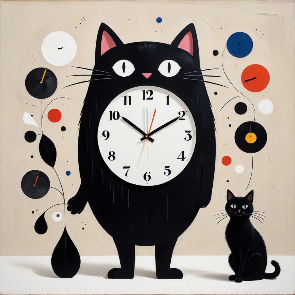 Black Cat in Suit Holds Clock in Enchanted Salon