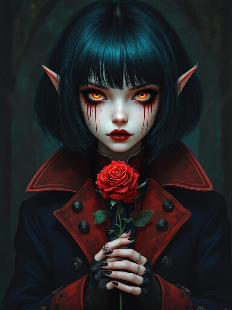 Vampiric Elf with Teal Hair and Skull, Gothic Art Style