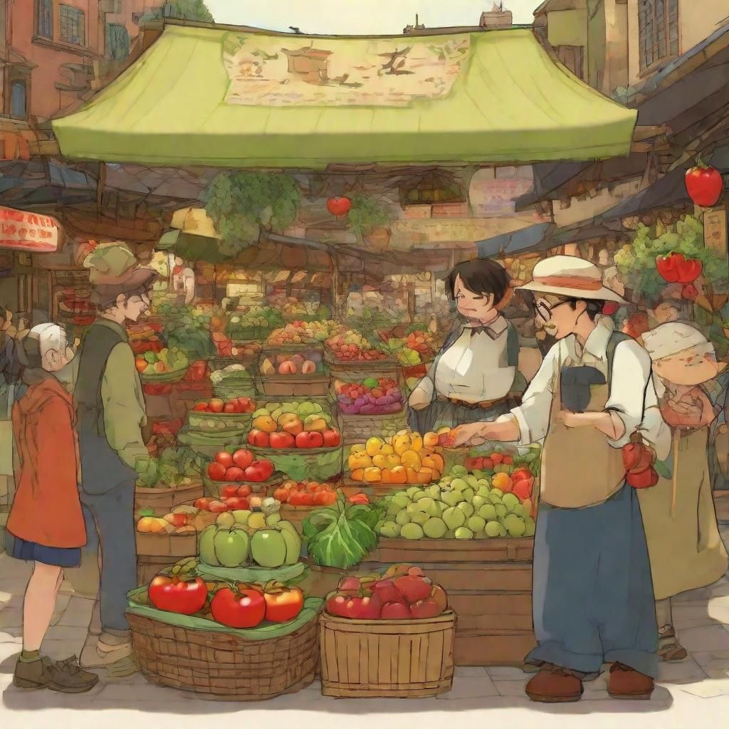 Chibi fruit market day, art by Disney and Studio Ghibli, a bustling market scene filled with cutesy chibi fruits and veg...