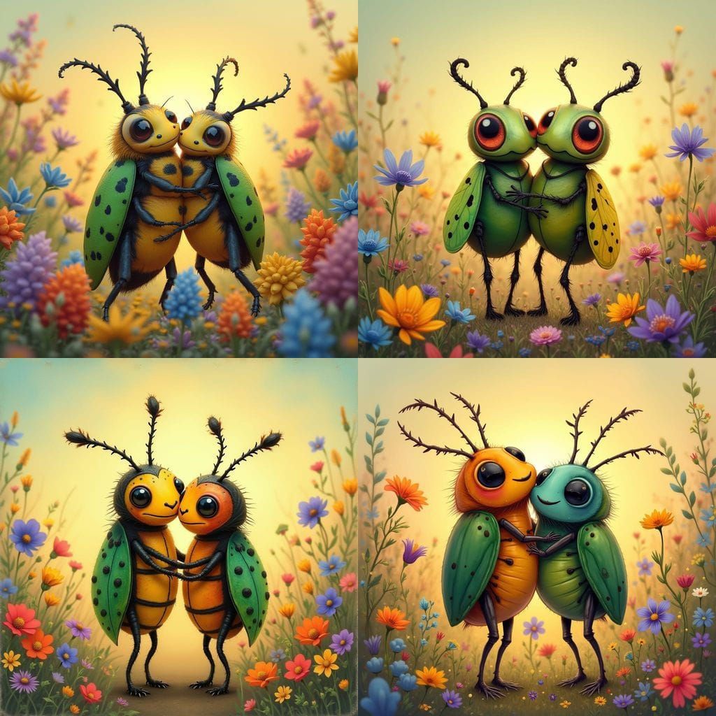 Surreal Whimsical Beetles Embracing in a Dreamy Garden