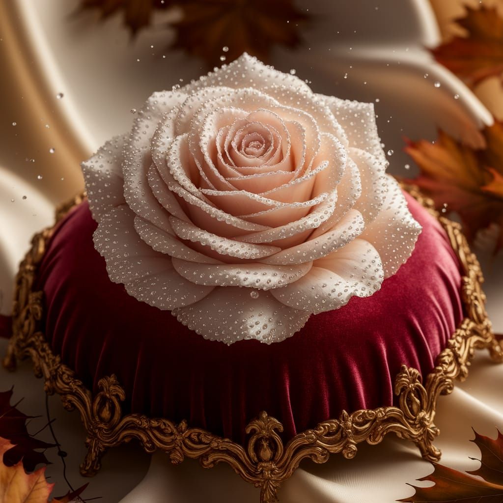 Spider Silk Rose with Dewdrop Gems on Velvet Cushion