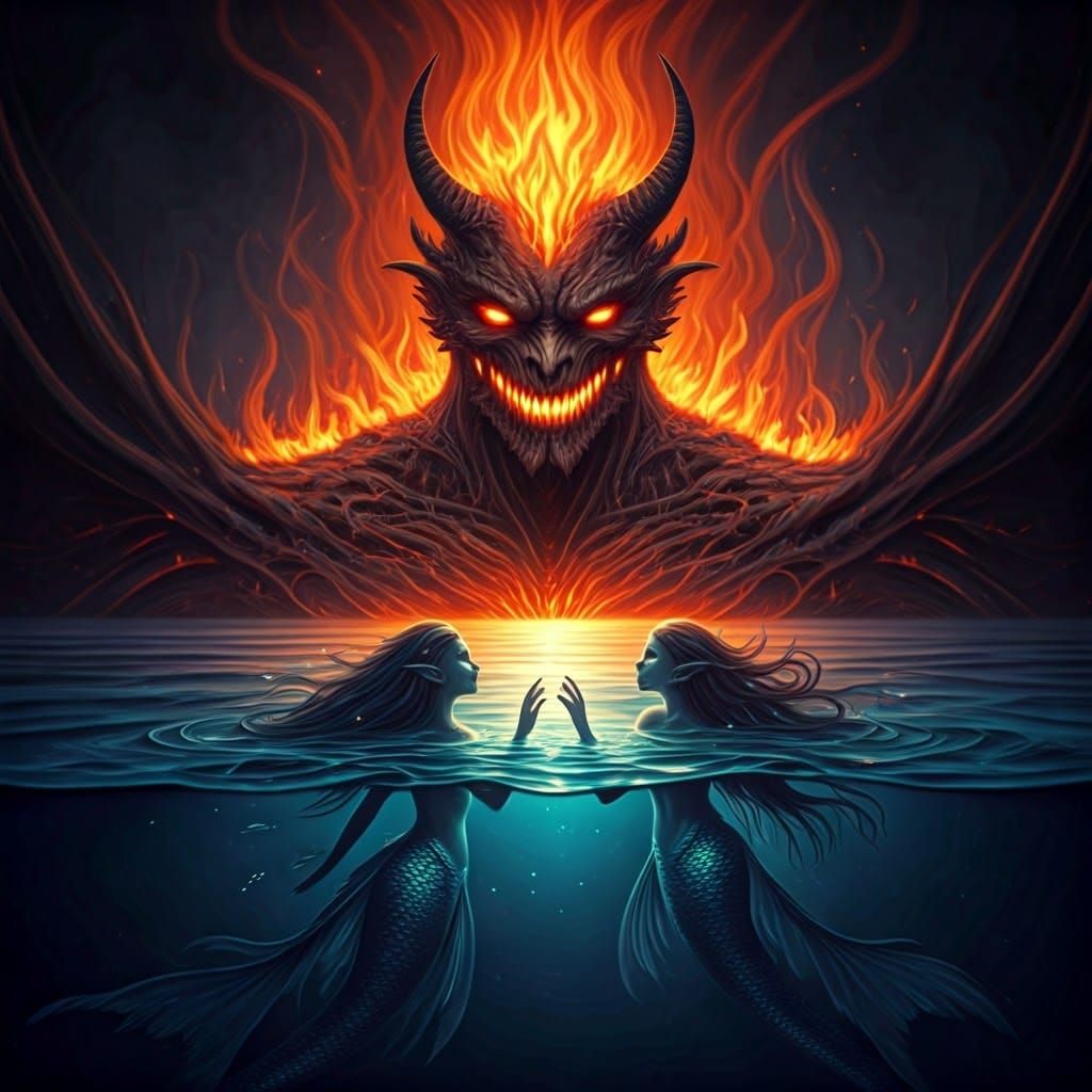 Majestic Fire Demon Meets Tragic Mermaid in Surreal, Biomech...