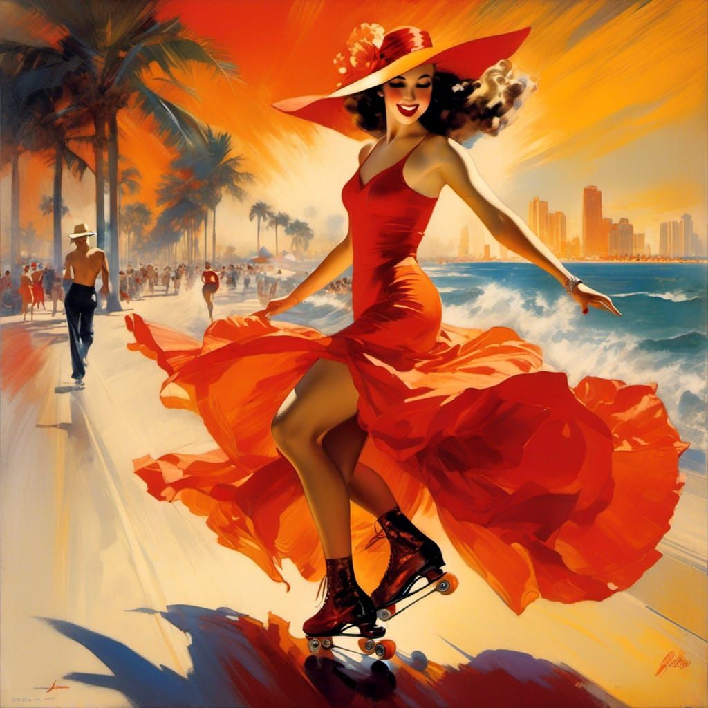 Woman Roller-Skating in Miami at Sunset