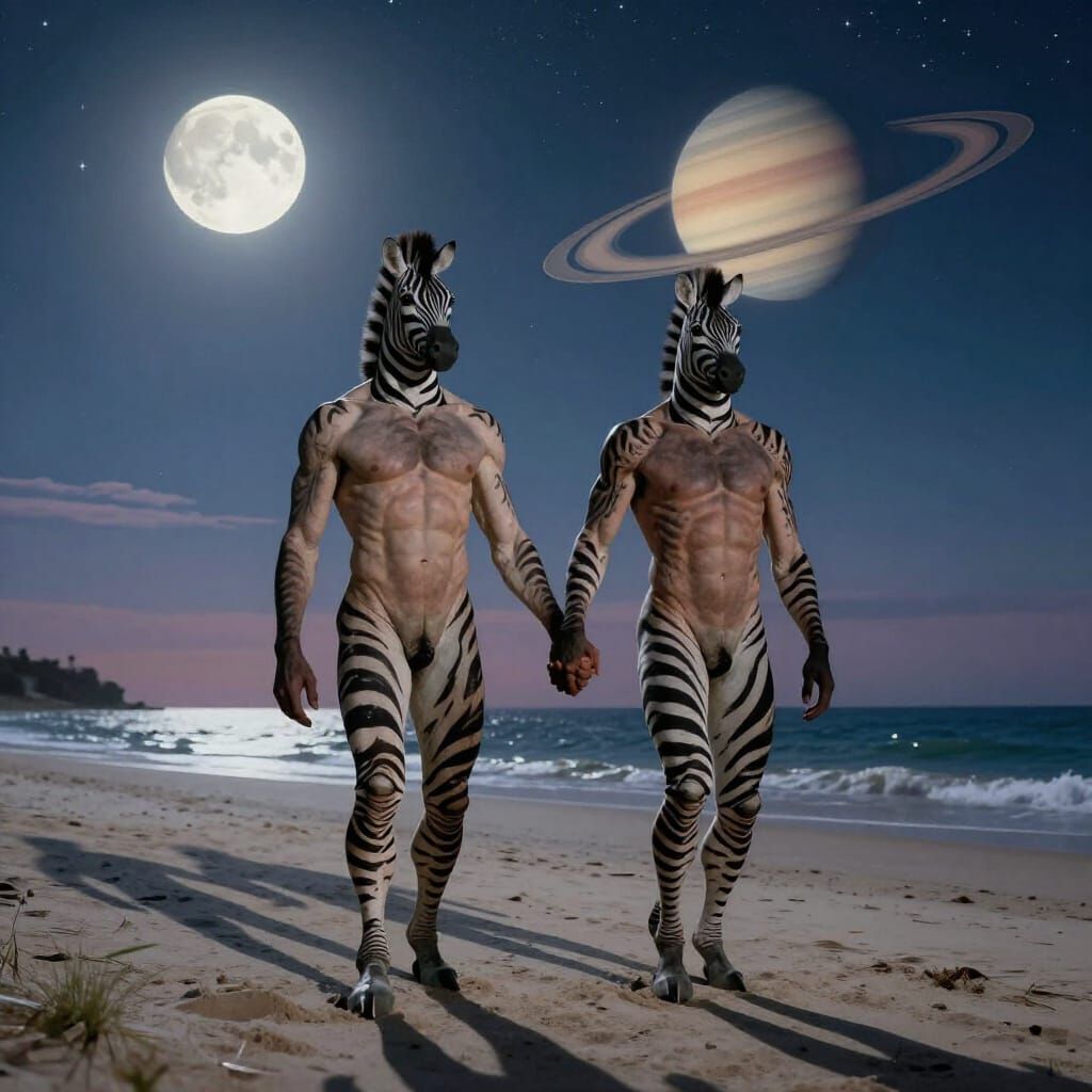 Chimeric Men Holding Hands on a Surreal Beach