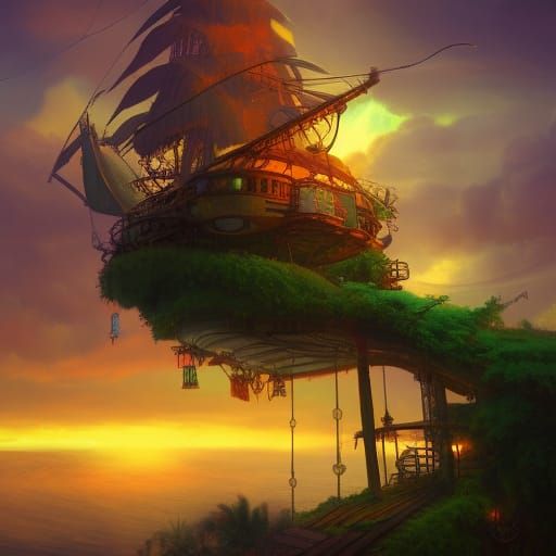 Steampunk Jungle Beach Treehouse at Sunset