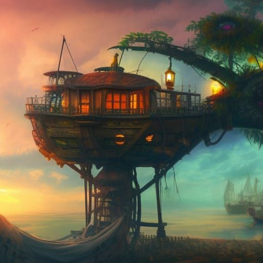 Steampunk Jungle Beach Treehouse at Sunset