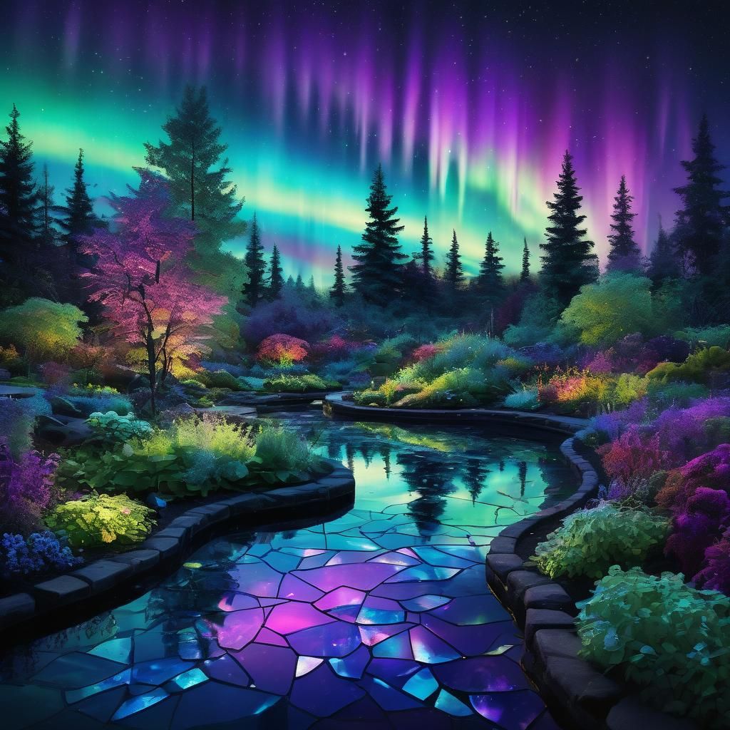 Aurora Borealis Illuminates Botanical Garden with Broken Gla...