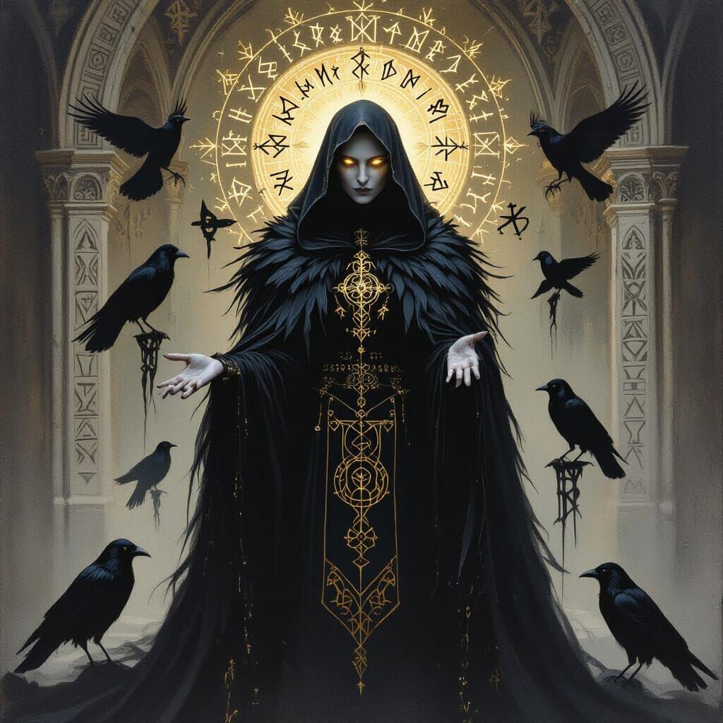 Gothic Oil Painting of Mother Miranda with Runes