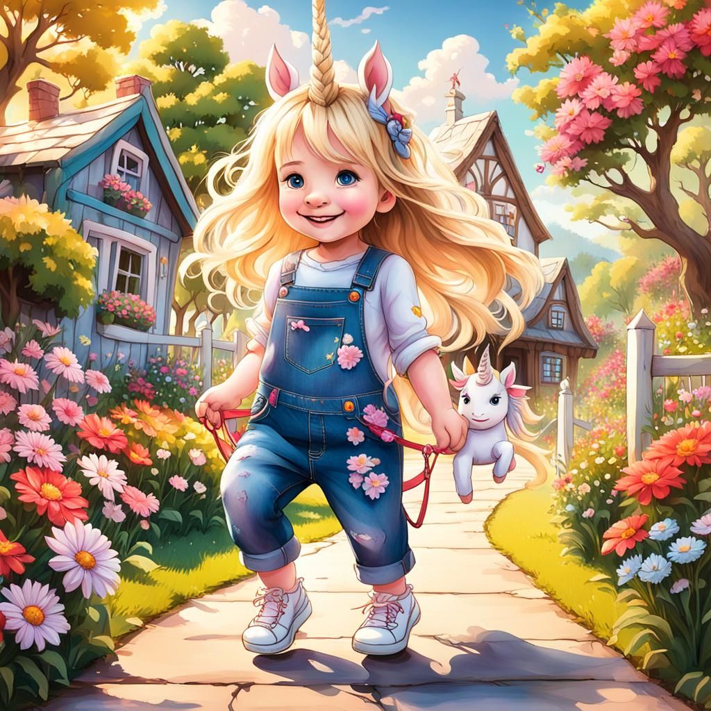 Toddler and Unicorn in Whimsical Flower Garden