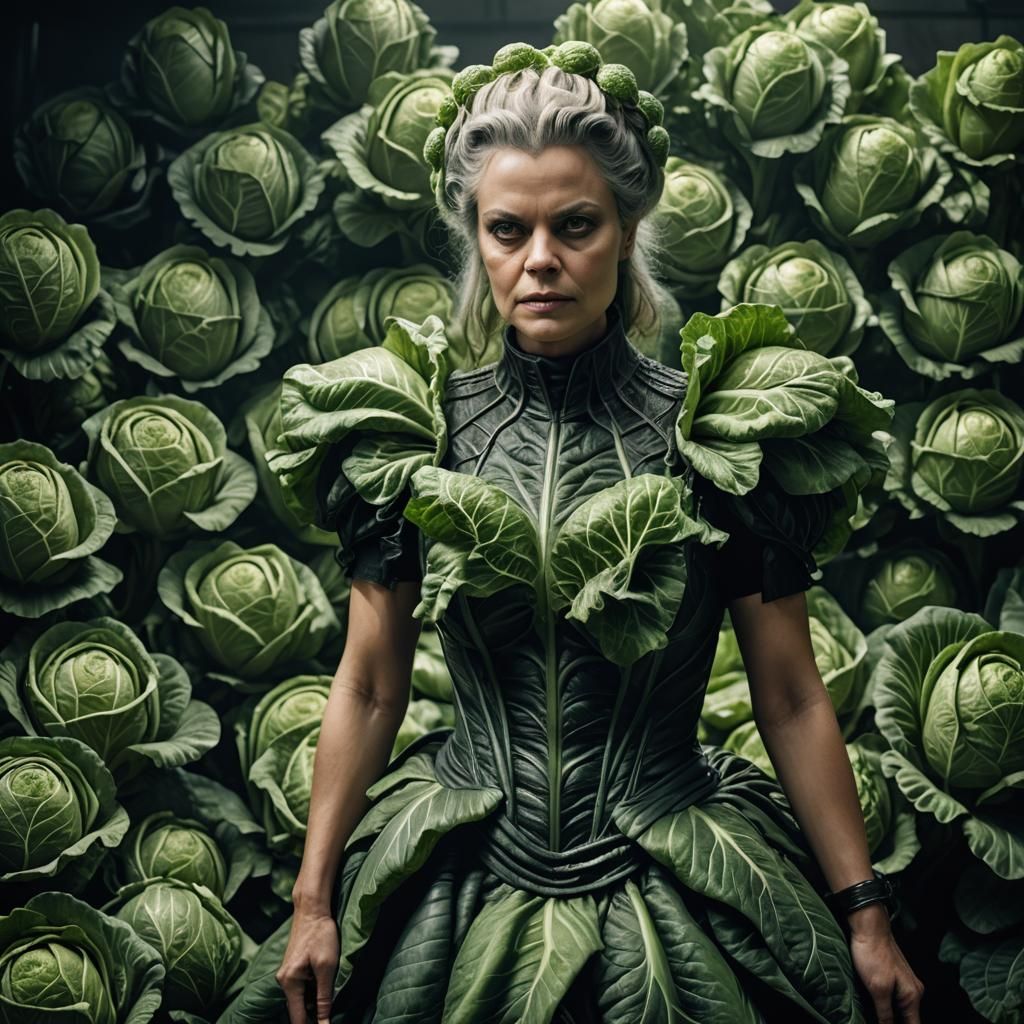 Woman in Cabbage Dress: Cinematic Portrait