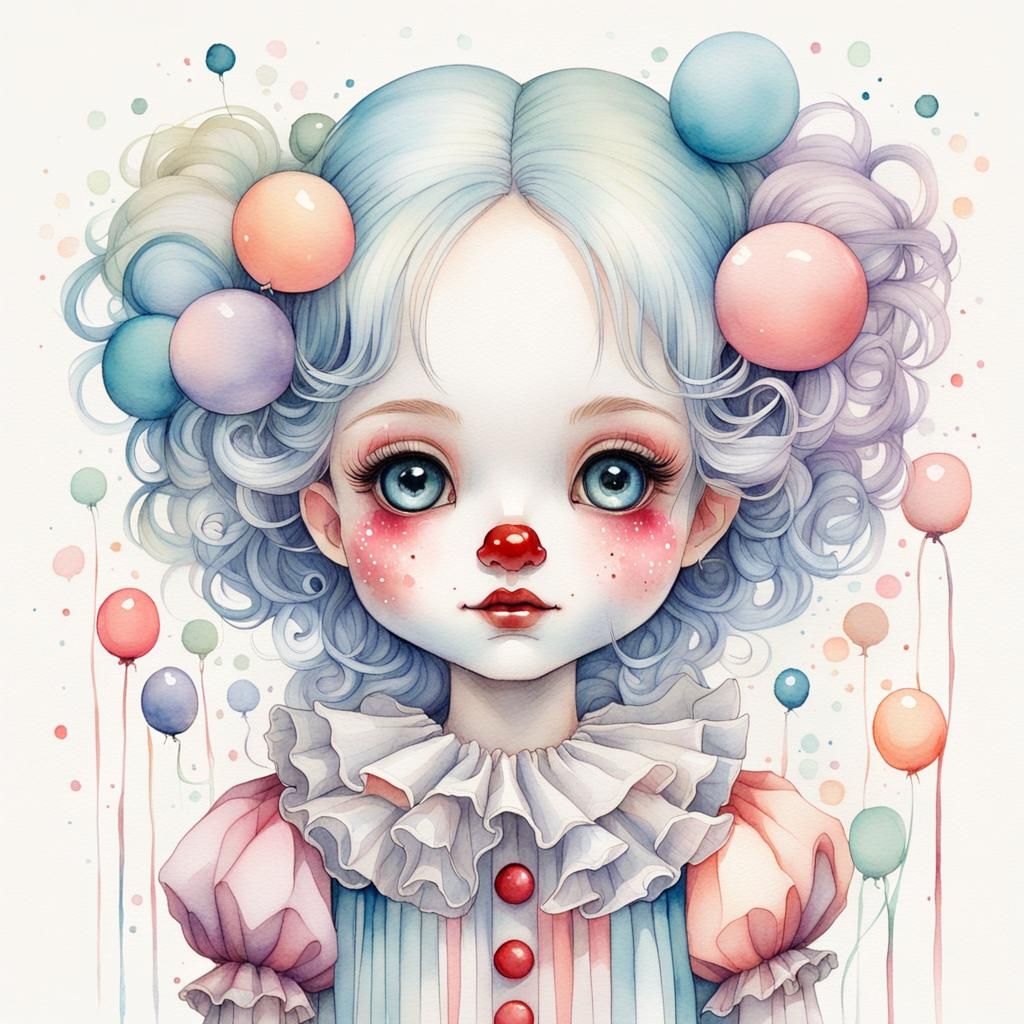 Adorable Pastel Chibi Clown in Watercolor Style
