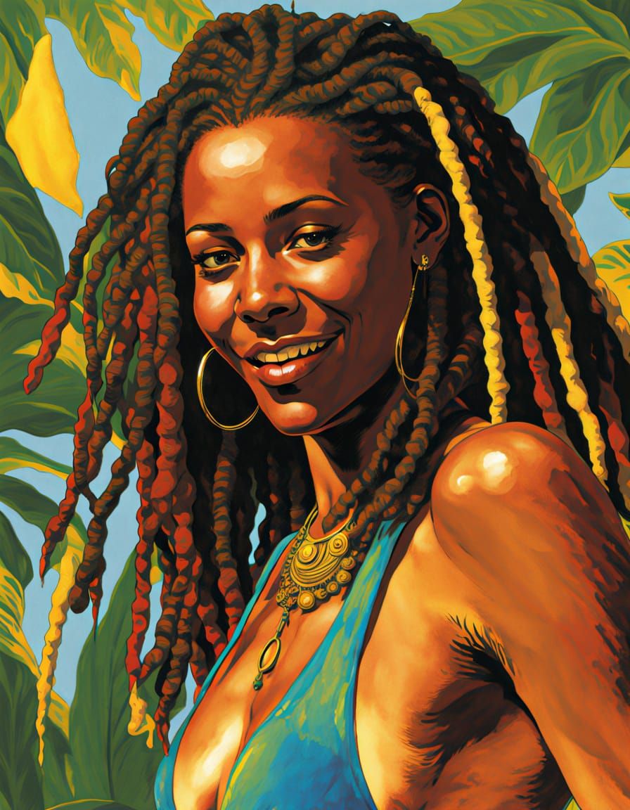 Dreadlock Woman Shows Tan Lines in Golden Age Style