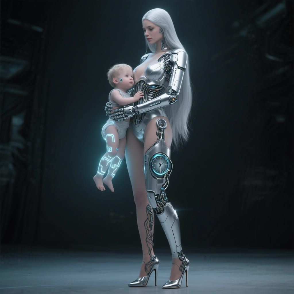Ethereal Cybernetic Mother and Child in Futuristic City