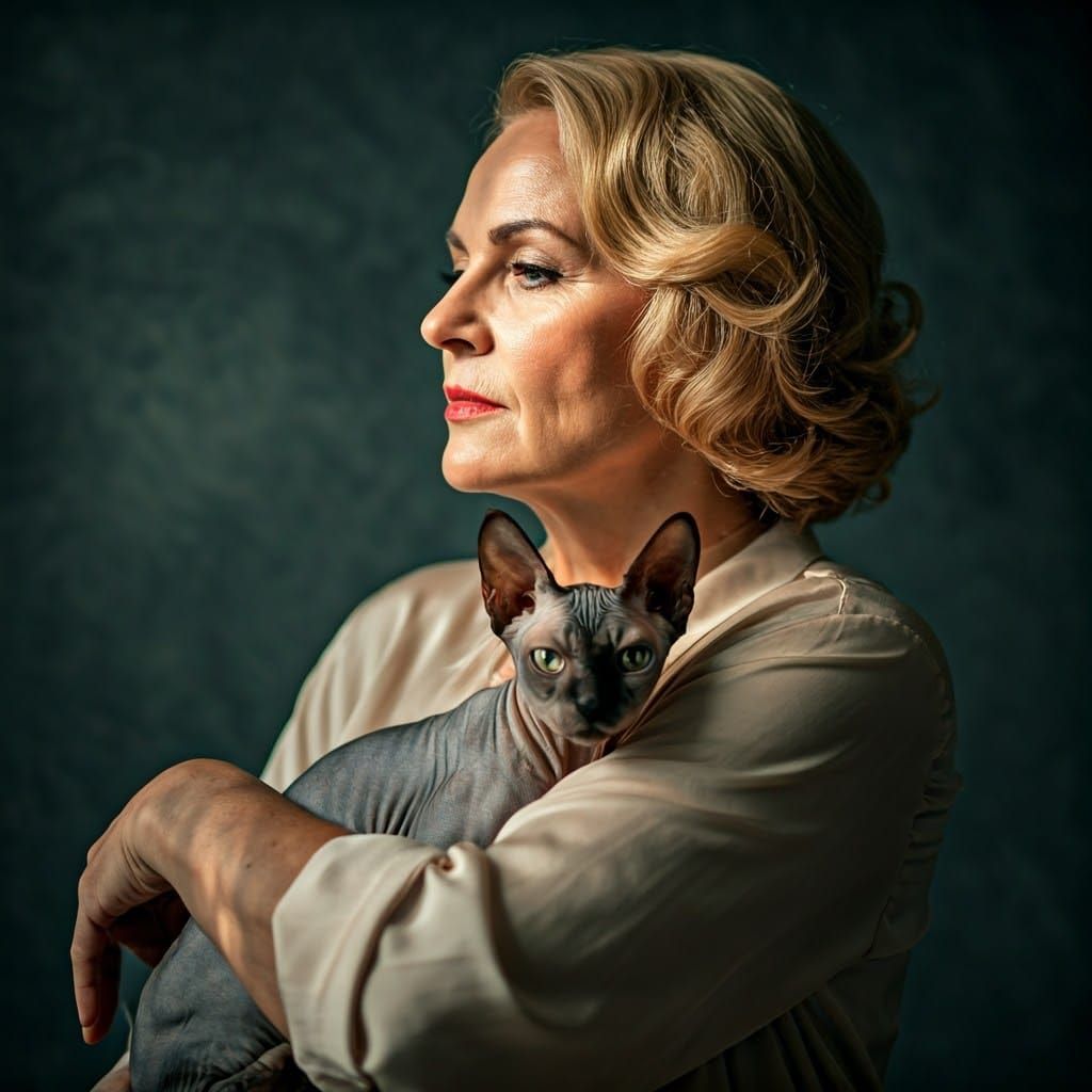 Elegant Woman with Sphynx Cat in Intimate Morning Light