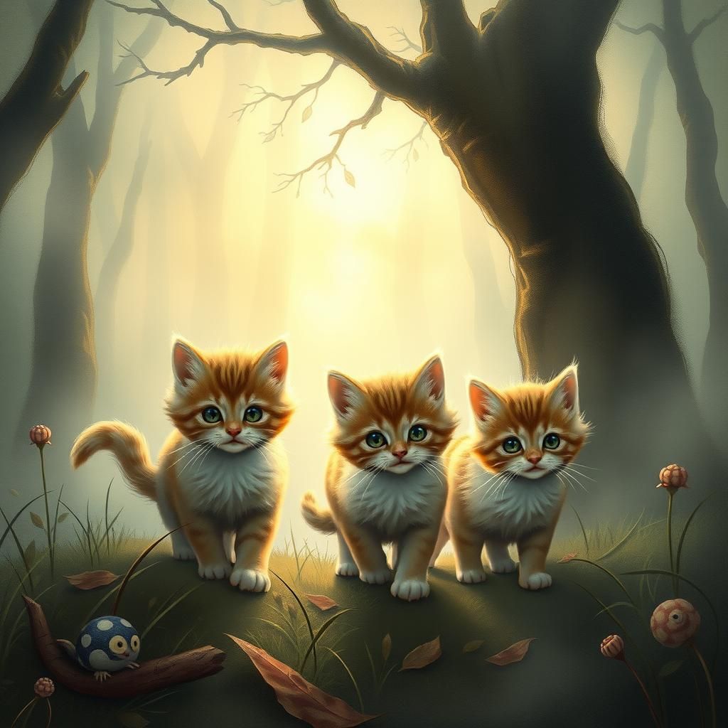 Kittens Explore Mystical Forest in Dreamy Style