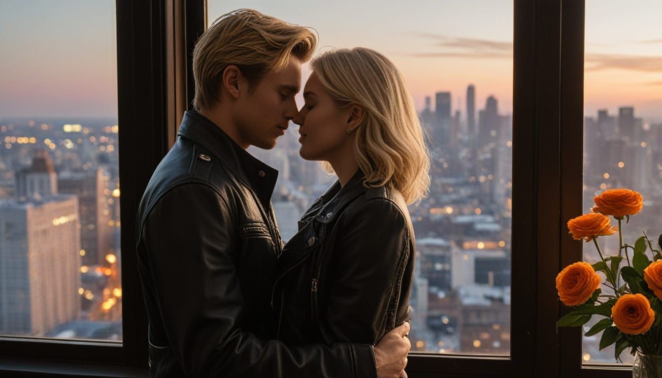 Young Couple Embracing in a City Nighttime Setting