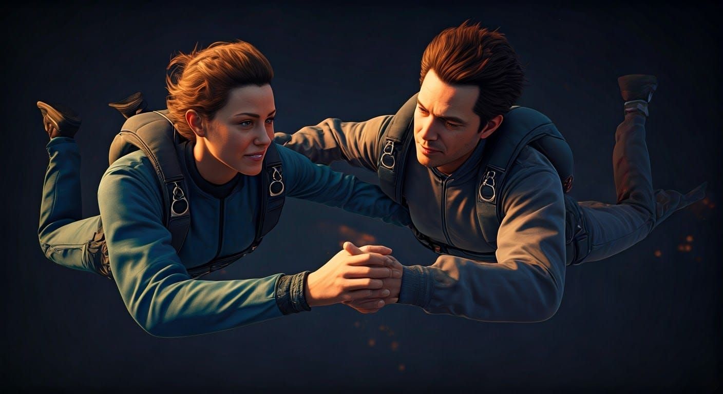 Skydiving Couple in Hyperrealistic Action Painting
