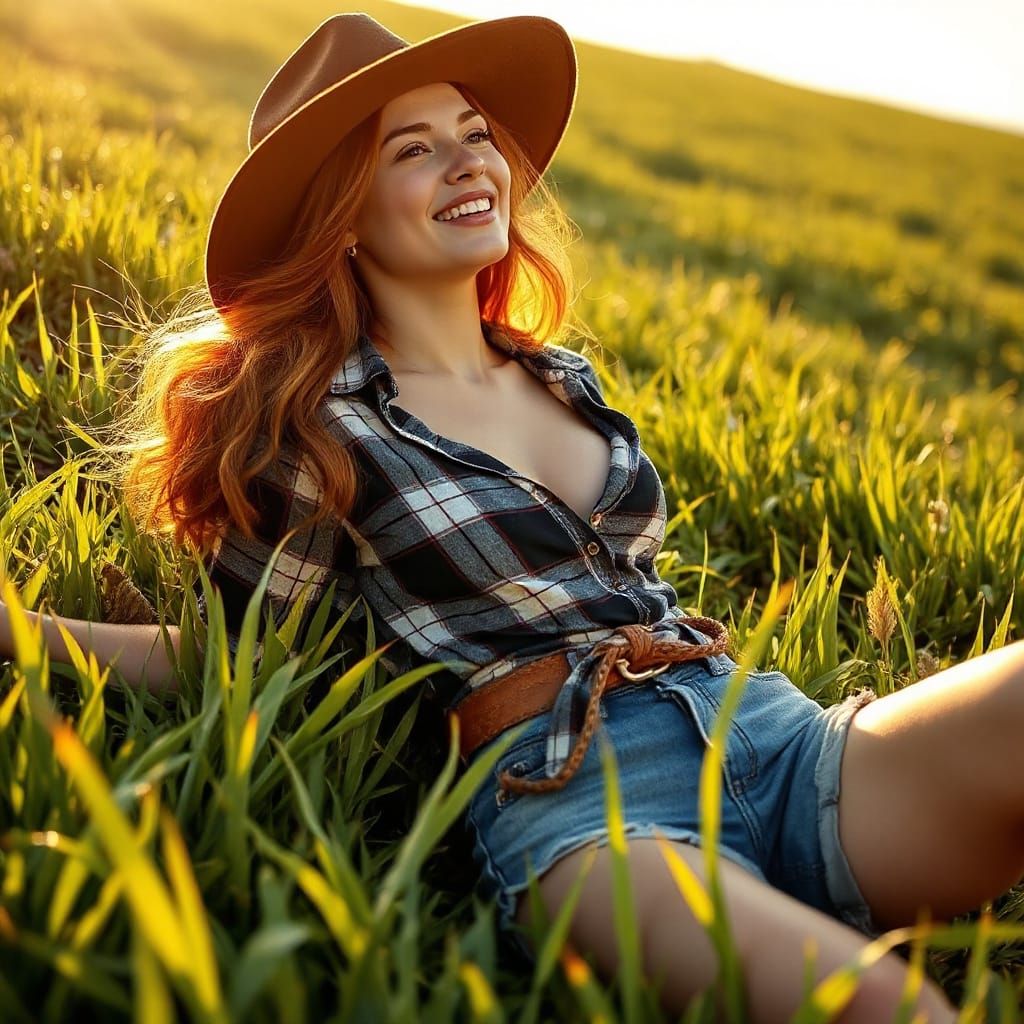 Redhead Cowgirl in Sunlit Meadow: Hyperrealistic 8K