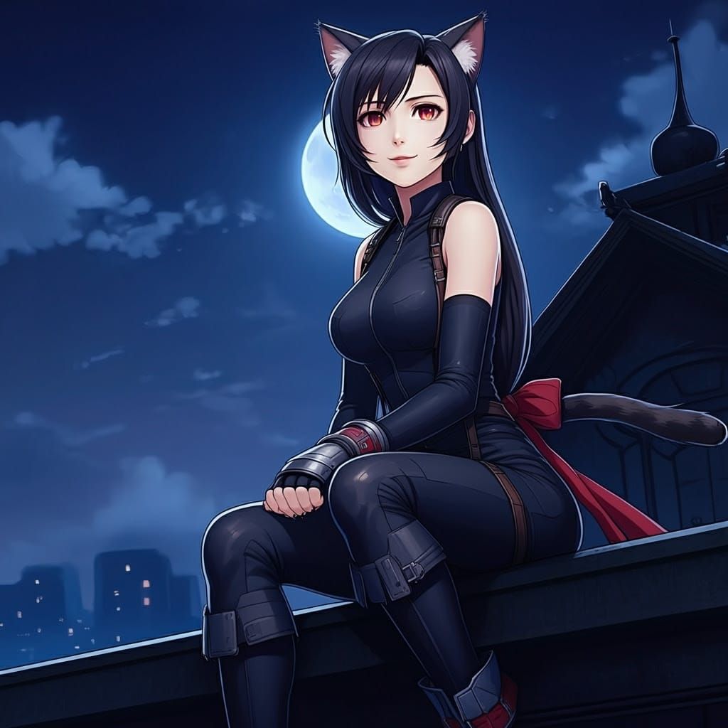 Mystical Catgirl Tifa Lockhart Basks in Moonlit Rooftop Sple...