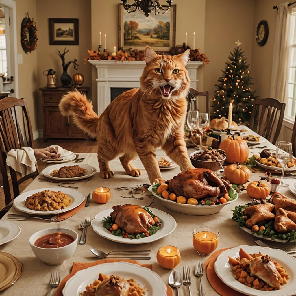 A Mischievous Cat Steals the Thanksgiving Turkey