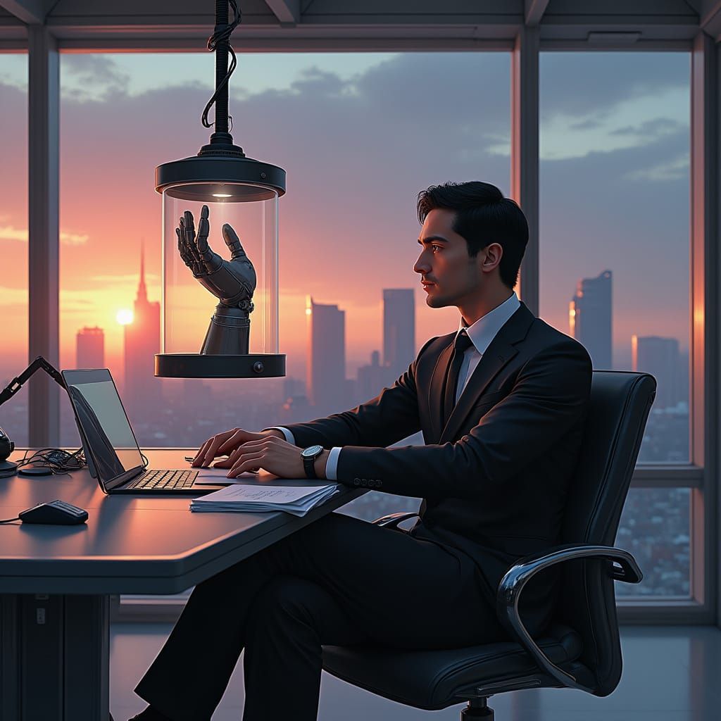 Man with Cybernetic Hand in High-Tech Office at Dusk