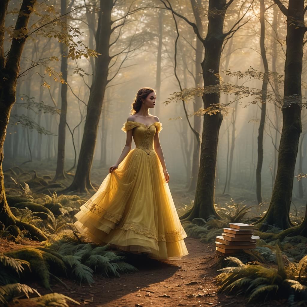 Belle in Misty Forest: Impressionist Style