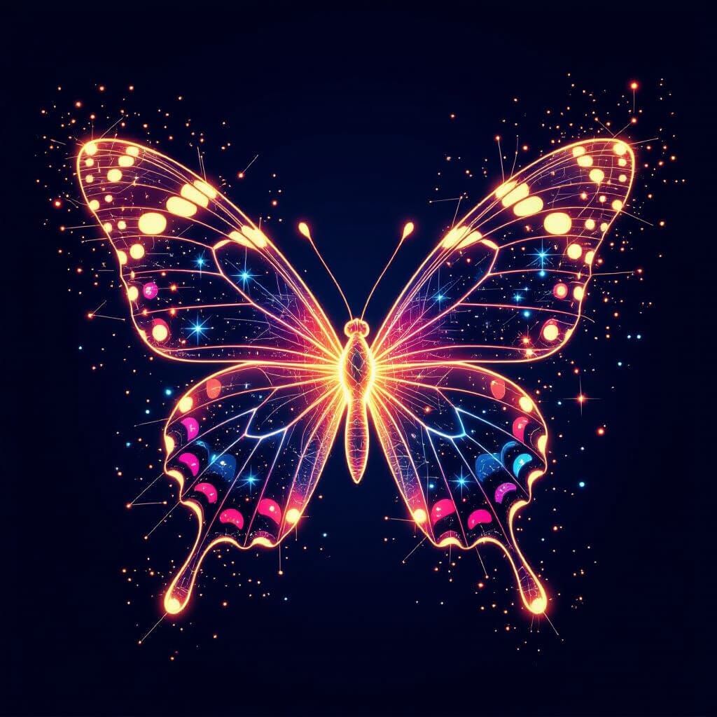 silhouette of a butterfly in a glowing, colourful, digital b...