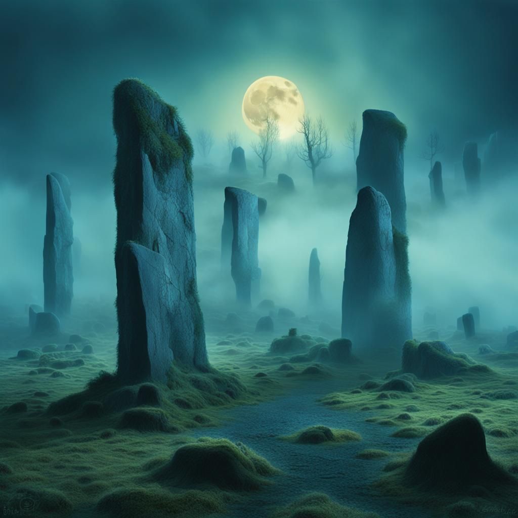 Standing Stones in Eerie Mist: Dark Fantasy Art