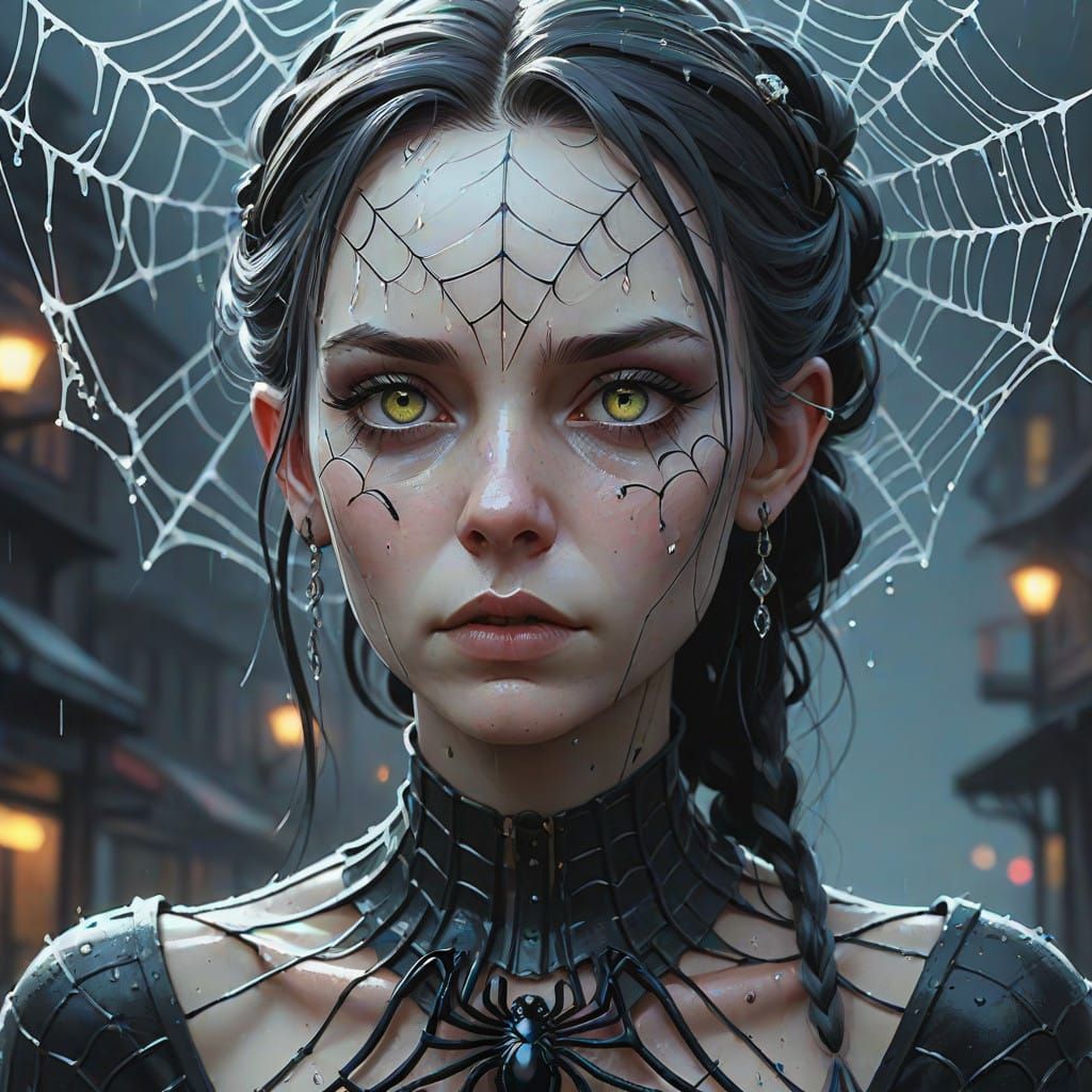Surreal Jinx Portrayal in a Sinister Spider Web