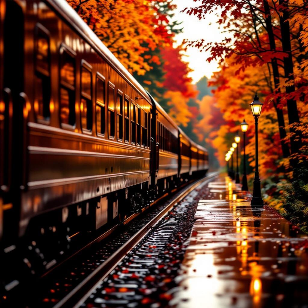 Reflective Train in Autumn Forest At Golden Hour