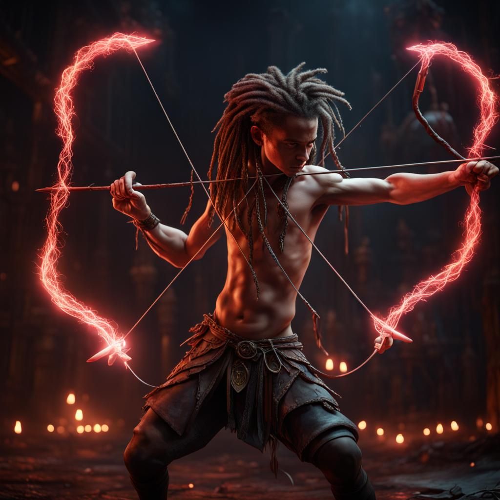 Vicious Cupid Pulling Back Illuminated Bow in Darkness