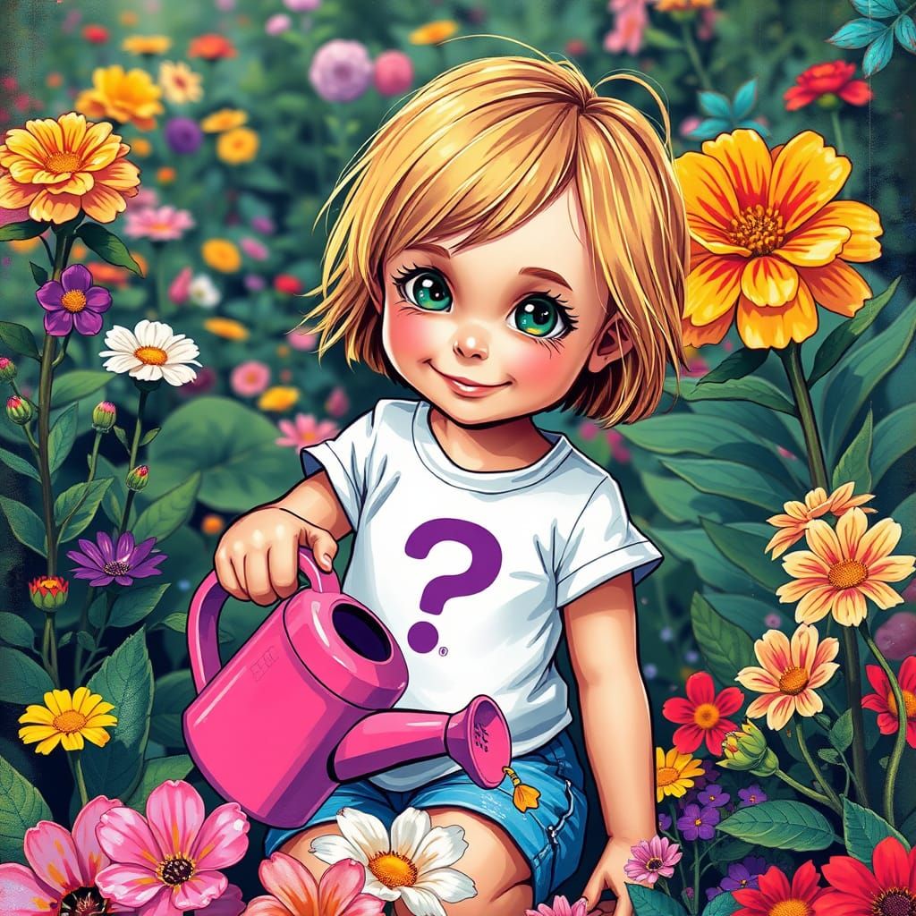 Girl Waters Vibrant Blooms in a Colorful Graffiti Garden